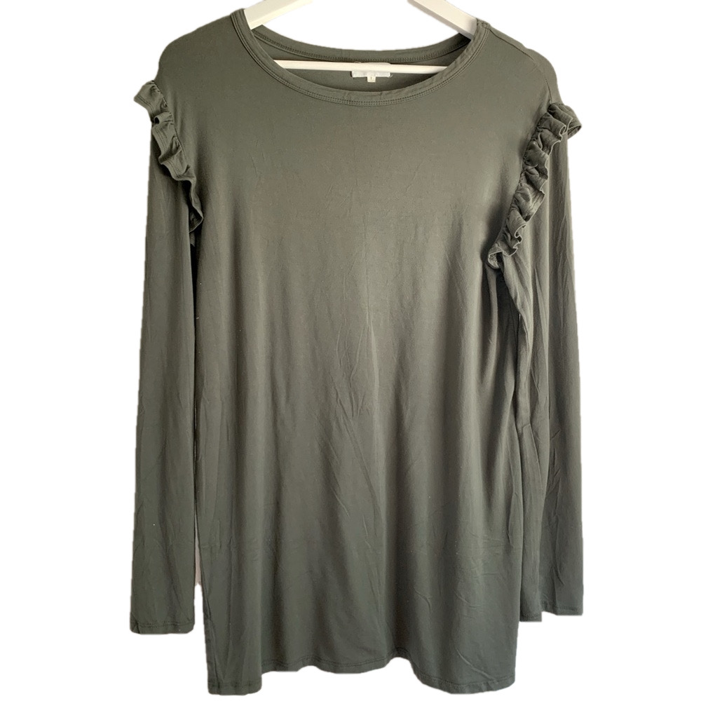 DLMN Olive Green Ruffle Shoulder Long Sleeve Top Size Large